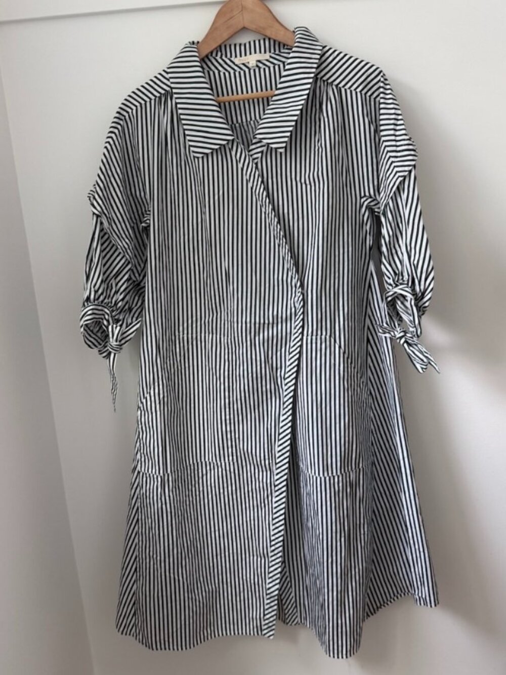 MAJE Hunter Green & White Striped Midi Shirt Dress Tie Sleeves Size 2 / NO BELT